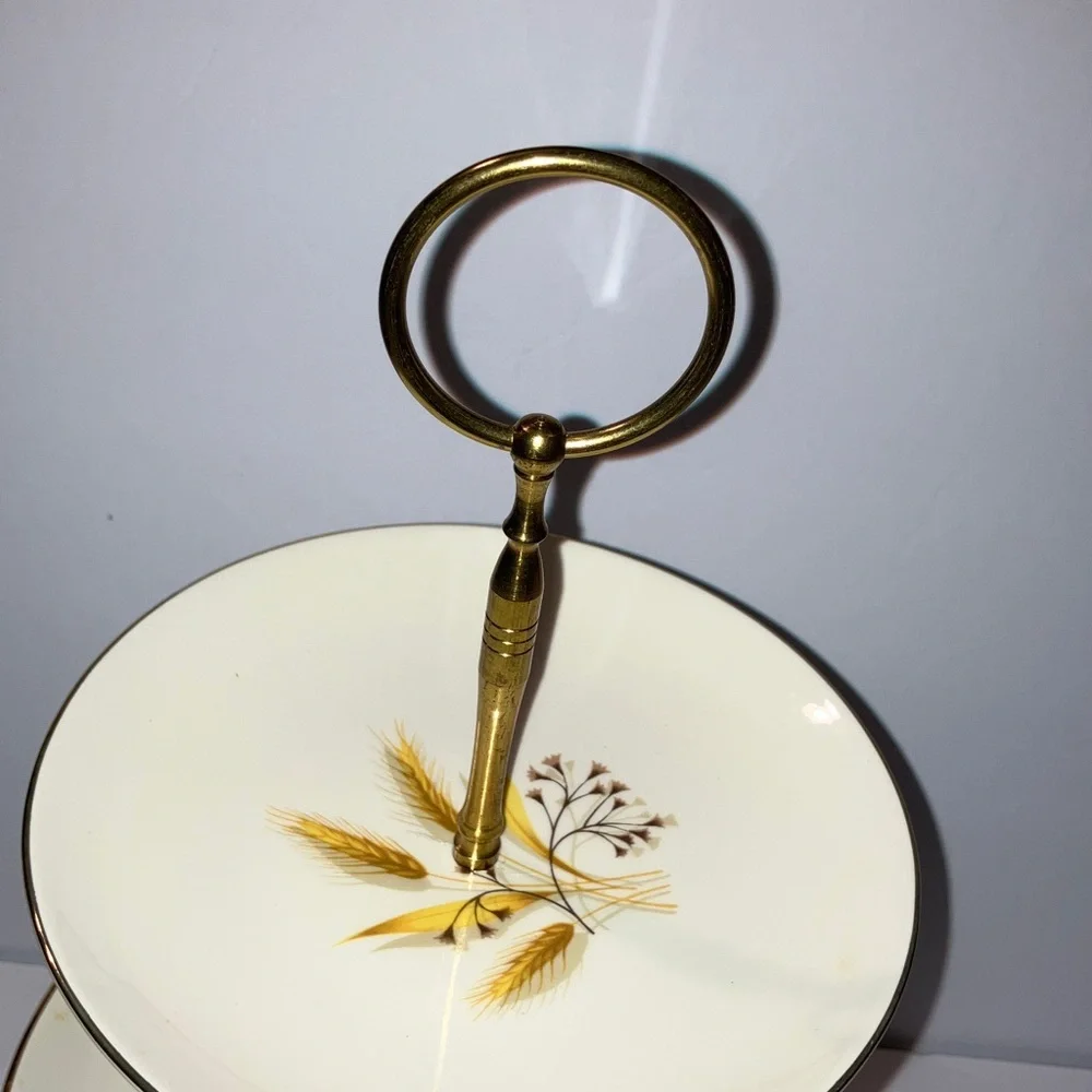 Vintage Golden Wheat Three-Tiered Serving Stand 14”Tall‎ Gold Trim Brass Handle